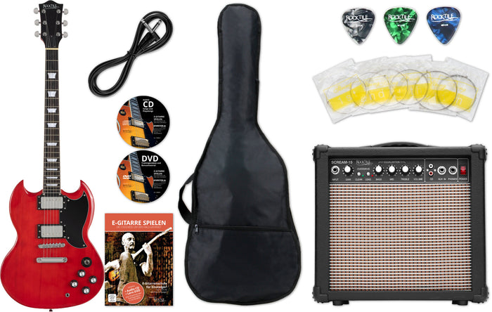 Rocktile Pro S-Red Chitarra Elettrica Heritage Starter Set + Set Accessori + Amp